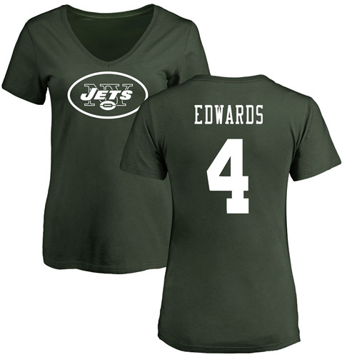New York Jets Green Women Lac Edwards Name and Number Logo NFL Football #4 T Shirt